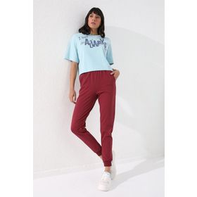 Tommy Life 94561 Yüksek Bel Jogger Rahat Form Manşetli Bordo Kadın Eşofman Alt