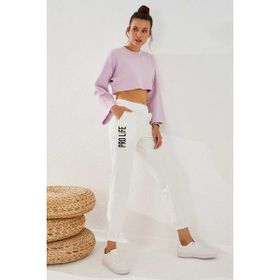 Tommy Life 94571 Yazı Nakışlı Rahat Form Lastik Paça Ekru Kadın Eşofman Altı