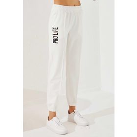 Tommy Life 94571 Yazı Nakışlı Rahat Form Lastik Paça Ekru Kadın Eşofman Altı