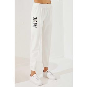Tommy Life 94571 Yazı Nakışlı Rahat Form Lastik Paça Ekru Kadın Eşofman Altı