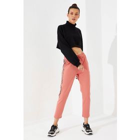 Tommy Life 94572 Pudra Yanları Leopar Desenli Rahat Form Dar Paça Kadın Eşofman Altı
