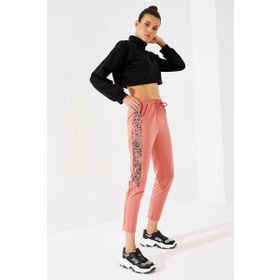 Tommy Life 94572 Pudra Yanları Leopar Desenli Rahat Form Dar Paça Kadın Eşofman Altı