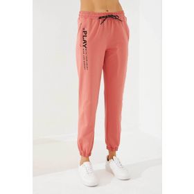 Tommy Life 94573 Pudra Yüksek Bel Nakışlı Rahat Form Lastik Paça Kadın Eşofman Altı