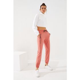 Tommy Life 94573 Pudra Yüksek Bel Nakışlı Rahat Form Lastik Paça Kadın Eşofman Altı