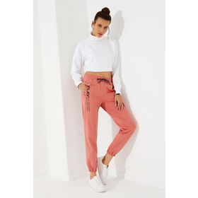 Tommy Life 94573 Pudra Yüksek Bel Nakışlı Rahat Form Lastik Paça Kadın Eşofman Altı