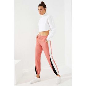 Tommy Life 94582 Pudra İki Renk Şeritli Rahat Form Lastik Paça Kadın Eşofman Altı