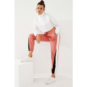 Tommy Life 94582 Pudra İki Renk Şeritli Rahat Form Lastik Paça Kadın Eşofman Altı