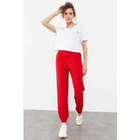 Tommy Life 94583 Kırmızı Cepli Yüksek Bel Rahat Form Lastik Paça Kadın Eşofman Altı