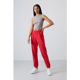 Tommy Life 94583 Kırmızı Cepli Yüksek Bel Rahat Form Lastik Paça Kadın Eşofman Altı