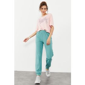 Tommy Life 94583 Mint Yeşili Cepli Yüksek Bel Rahat Form Lastik Paça Kadın Eşofman Altı