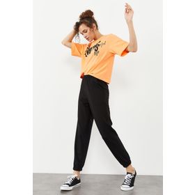Tommy Life 94583 Siyah Cepli Yüksek Bel Rahat Form Lastik Paça Kadın Eşofman Altı