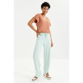 Tommy Life 94619 Su Yeşili Bel Büzgülü Bağcıklı Klasik Paça Bürümcük Kumaş Kadın Eşofman Alt