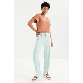 Tommy Life 94619 Su Yeşili Bel Büzgülü Bağcıklı Klasik Paça Bürümcük Kumaş Kadın Eşofman Alt
