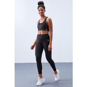 Tommy Life 95281 Siyah Gümüş Yüksek Bel Toparlayıcılı Sırt Detaylı Slim Fit Büstiyer Kadın Tayt Takımı
