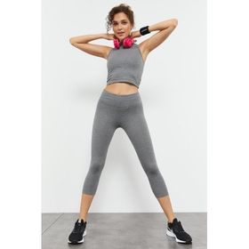 Tommy Life 95284 Gri Melanj Kadın Yüksek Bel Kapri-Crop Atlet Slim Fit Tayt Takım