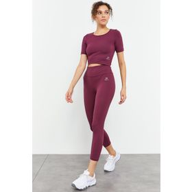 Tommy Life 95285 Bordo Kadın Yüksek Bel Kapri-Crop T-Shirt Slim Fit Tayt Takım
