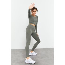Tommy Life 95286 Çağla Kadın Yüksek Bel Uzun Kollu Slim Fit Crop Top Tayt Takım