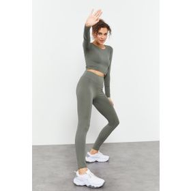 Tommy Life 95286 Çağla Kadın Yüksek Bel Uzun Kollu Slim Fit Crop Top Tayt Takım