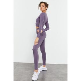 Tommy Life 95286 Eflatun Yüksek Bel Uzun Kollu Slim Fit Crop Top Kadın Tayt Takım