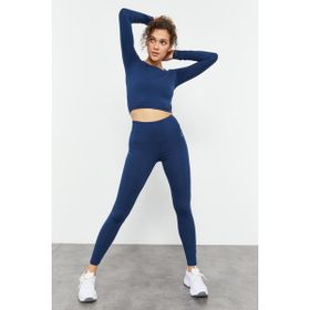 Tommy Life 95286 İndigo Yüksek Bel Uzun Kollu Slim Fit Crop Top Kadın Tayt Takım