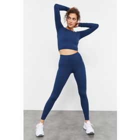 Tommy Life 95286 İndigo Yüksek Bel Uzun Kollu Slim Fit Crop Top Kadın Tayt Takım