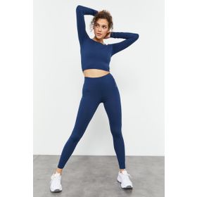 Tommy Life 95286 İndigo Yüksek Bel Uzun Kollu Slim Fit Crop Top Kadın Tayt Takım