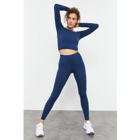 Tommy Life 95286 İndigo Yüksek Bel Uzun Kollu Slim Fit Crop Top Kadın Tayt Takım