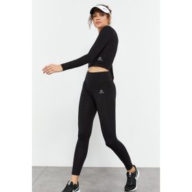 Tommy Life 95286 Siyah Kadın Yüksek Bel Uzun Kollu Slim Fit Crop Top Tayt Takım