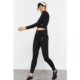Tommy Life 95286 Siyah Kadın Yüksek Bel Uzun Kollu Slim Fit Crop Top Tayt Takım