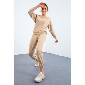 Tommy Life 95287 Bej O Yaka Oversize Lastik Paça Kadın Eşofman Takımı
