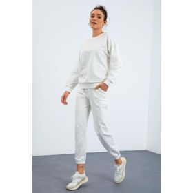 Tommy Life 95287 Ekru O Yaka Oversize Lastik Paça Kadın Eşofman Takımı