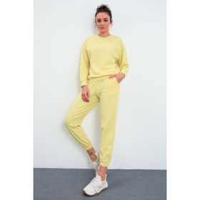 Tommy Life 95287 Limon Sarı O Yaka Oversize Lastik Paça Kadın Eşofman Takımı