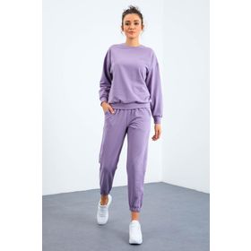Tommy Life 95287 Melanj O Yaka Oversize Lastik Paça Eflatun Kadın Eşofman Takımı