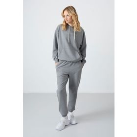 Tommy Life 95288 Gri Melanj Kapüşonlu Kanguru Cep Oversize Lastik Paça Kadın Eşofman Takımı