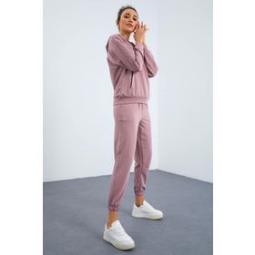 Tommy Life 95288 Gül Kurusu Kadın Kapüşonlu Kanguru Cep Oversize Lastik Paça Eşofman Takımı