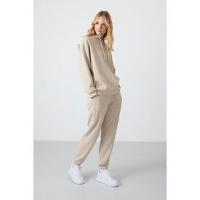 Tommy Life 95288 Kapüşonlu Kanguru Cep Oversize Lastik Paça Bej Kadın Eşofman Takımı
