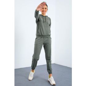 Tommy Life 95288 Kapüşonlu Kanguru Cep Oversize Lastik Paça Çağla Kadın Eşofman Takımı