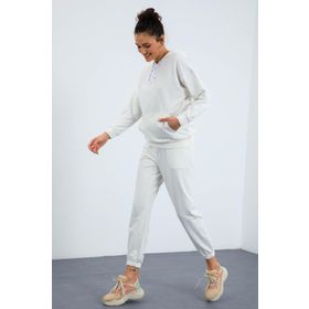 Tommy Life 95288 Kapüşonlu Kanguru Cep Oversize Lastik Paça Ekru Kadın Eşofman Takımı