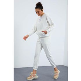Tommy Life 95288 Kapüşonlu Kanguru Cep Oversize Lastik Paça Ekru Kadın Eşofman Takımı