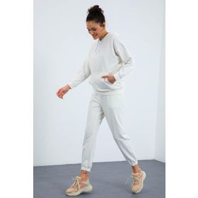 Tommy Life 95288 Kapüşonlu Kanguru Cep Oversize Lastik Paça Ekru Kadın Eşofman Takımı