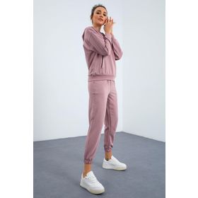 Tommy Life 95288 Kapüşonlu Kanguru Cep Oversize Lastik Paça Gül Kadın Eşofman Takımı