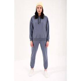 Tommy Life 95288 Kapüşonlu Kanguru Cep Oversize Lastik Paça Petrol Kadın Eşofman Takımı