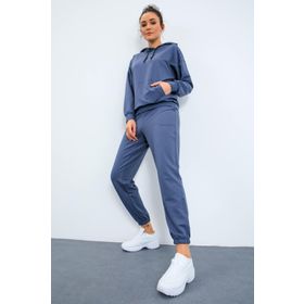 Tommy Life 95288 Kapüşonlu Kanguru Cep Oversize Lastik Paça Petrol Kadın Eşofman Takımı