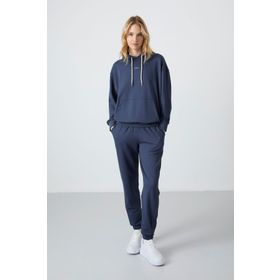 Tommy Life 95288 Kapüşonlu Kanguru Cep Oversize Lastik Paça Petrol Kadın Eşofman Takımı
