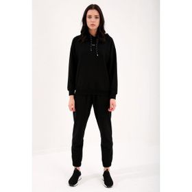 Tommy Life 95288 Kapüşonlu Kanguru Cep Oversize Lastik Paça Siyah Kadın Eşofman Takımı