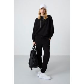 Tommy Life 95288 Kapüşonlu Kanguru Cep Oversize Lastik Paça Siyah Kadın Eşofman Takımı