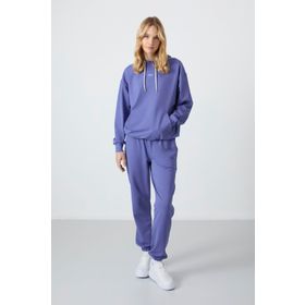 Tommy Life 95288 Melanj Kapüşonlu Kanguru Cep Oversize Lastik Paça Eflatun Kadın Eşofman Takımı
