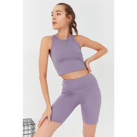 Tommy Life 95302 Eflatun Kadın Yüksek Bel Toparlayıcı Crop Biker Tayt Takım