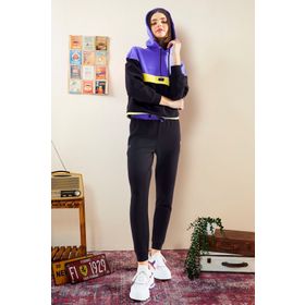Tommy Life 95327 Siyah Kapüşonlu Renk Bloklu Kadın Eşofman Takım