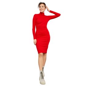 Tommy Life 97117 Kaşkorse Triko Dar Kalıp Balıkçı Yaka Kırmızı Kadın Elbise